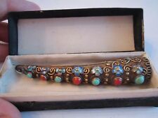VINTAGE STERLING SILVER & GOLD PLATED BROOCH WITH CABOCHON STONES - 3 1/4" LONG