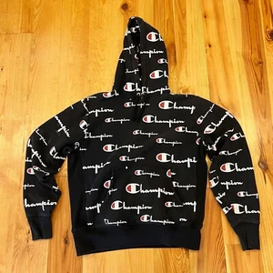 Champion Sudadera con Capucha Para Hombre Grande Negra Tejido Inverso Logo Estampado Pullover - Imagen 1 de 9