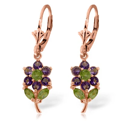 2.12 Carat 14K Solid Rose Gold Flowers Earrings Amethyst Peridot - Image 1 of 4