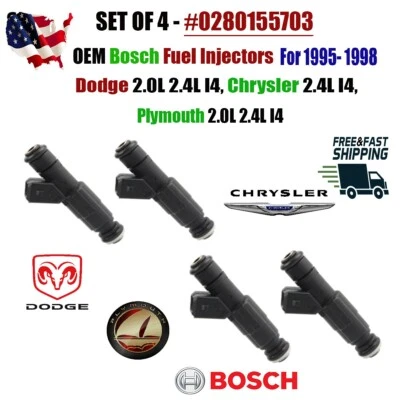 OEM Bosch x4 Fuel Injectors for 1995-1997 Dodge Chrysler Plymouth I4 #0280155703 - Image 1 of 4