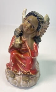 Ceramic Angel Girl Figurine Brown Skin Tone Wings Red Dress 5” - Picture 1 of 8