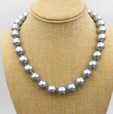 Collar grande de cuentas de piedras preciosas de perlas con concha gris redonda de 14 mm grado AAA de 18"  Foto 1 de 4