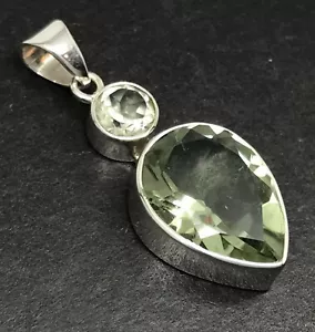 green amethyst pear pendant solid Sterling Silver prasiolite round. Box. - Picture 1 of 10