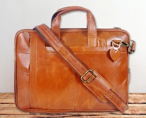 Full Grain Leather Laptop bag Leather Briefcase Office Bag Men Messenger Bag - Picture 1 of 9