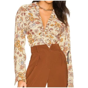 Free People Top I Got You Printed Floral Orange White Ruched Smocked V-Neck Sx S - Picture 1 of 11