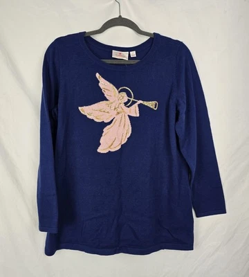 Quacker Factory Sequined Angel Boxy Minimalist Navy Blue Sweater Top sz M NWT - Image 1 of 4