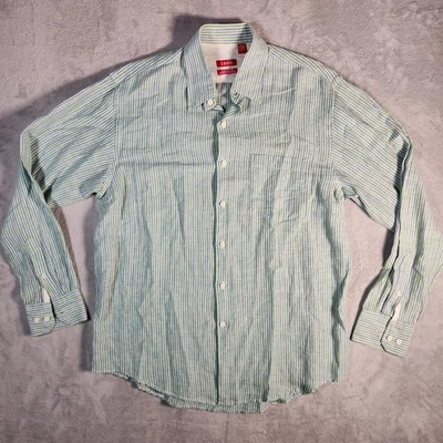 Izod Shirt Mens Medium Green Striped Linen Blend Business Casual Preppy Vacation - Image 1 of 4