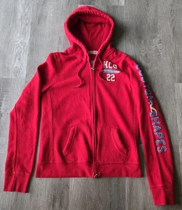 VTG Y2K HOLLISTER SPELLOUT STITCH RED FULL ZIP HOODIE CARDIGAN SWEATSHIRT SIZE L - Picture 1 of 9