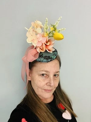 Easter/Horseracing/Cocktail/TeaParty Hat Queen Rose Peach/Yellow TulipGreen Base - Image 1 of 4