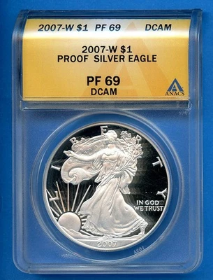 2007 W ANACS PF69 DCAM Silver Eagle $1 US Mint Proof Coin ASE Deep Cameo - Image 1 of 3