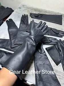 MEN's LONG BLACK LEATHER GLOVES-SILK LINED GENUINE LAMBSKIN LEATHER-HIGH QUALITY - Picture 1 of 9