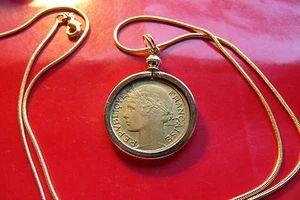 Pre 1940 FRANCE Stunning Marianne Franc Coin Pendant 24" Gold Filled Chain - Picture 1 of 6
