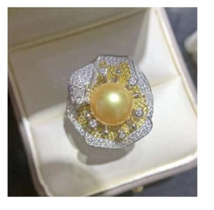 Huge AAAAA 11-10mm Genuine Natural South Sea Golden Round Pearl Ring - Picture 1 of 4