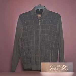 Tasso Elba Quarter Zip Sweater Mens L Gray Windowpane Cotton - Picture 1 of 8