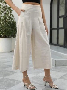 Womens Wide Leg Pants Elastic Waist Casual Palazzo Trousers with Pockets Capris - Picture 1 of 14