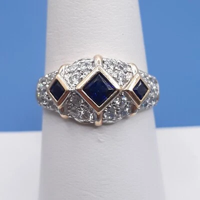 Anillo de oro amarillo de 14K Diamonique azul circonita cúbica aspecto vintage  Foto 1 de 3