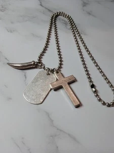 White Metal Cross, Dog Tag, And Horn On Ball Chain - Picture 1 of 3