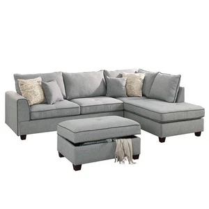 Poundex 3 Piece Fabric Sectional with Storage Ottoman in Light Gray - Picture 1 of 4