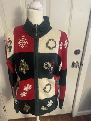 Vestido Vintage Granero Feo Navidad Cremallera Suéter Bloque de Color Cuentas Copo de Nieve Talla M Foto 1 de 4