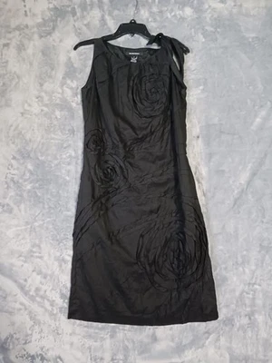 Ellen Tracy Dress Womens 6 Black Linen Floral Rosette Sleeveless Sheath Pockets - Image 1 of 4