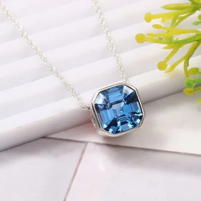 9x9 MM AAA Aquamarin Asscher Schnitt Anhänger, 925 Sterlingsilber, März - Bild 1 von 4