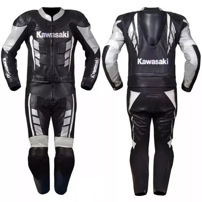 Kawasaki Leather Racing Suit – Premium Motorcycle Gear for Men, Black & White - Image 1 of 2