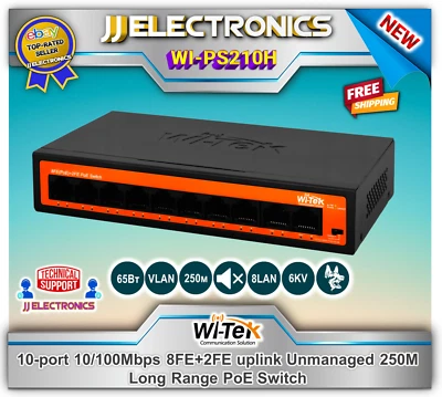WI-TEK WI-PS210H 8FE+2FE Uplink Unmanaged 250M Long Range CCTV PoE Switch - Image 1 of 4