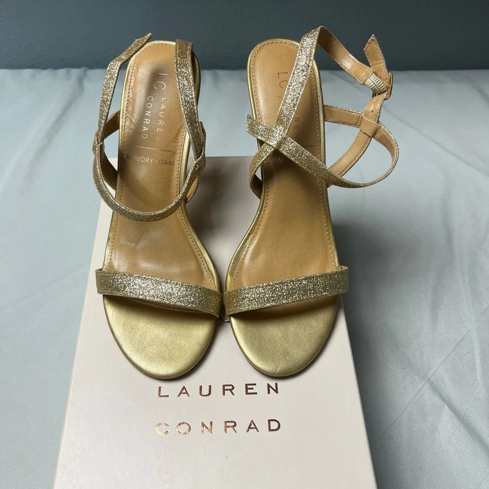 LC Lauren Conrad 榛子金色闪光高跟鞋绑带踝凉鞋 9 码 — 第 1/4 张图片