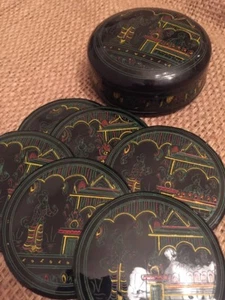 VTG Japanese Black Lacquer Ware Coaster Set Box Landscape Scenery Multi Colored - Picture 1 of 6