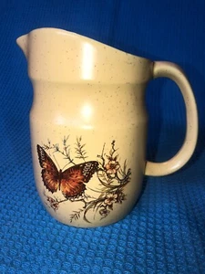Pottery Pitcher Butterfly & Flowers Design Speckled Cream Color 6.5"T - Picture 1 of 11