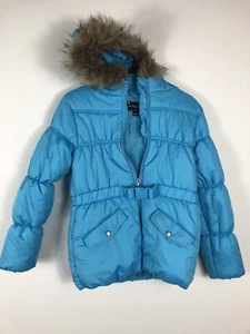 S. Rothschild Girl's aqua blue Belted Puffer Coat Faux Fur Trim XL Size 16 - Picture 1 of 5