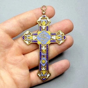 Large Enamel Cross. IHS. Antique Religious Wall Pendant. Medal. - Picture 1 of 8