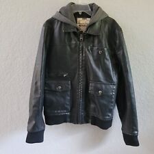 Men's American Rag Black Artificial Leather Jacket w/Built in Hoodie Size Large