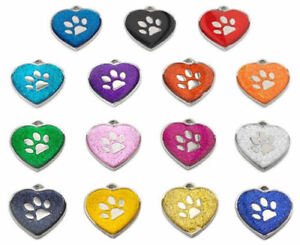 Personalised ID Pet Tags Glitter Heart Paw Design Quality 25mm Dog Pet Christmas