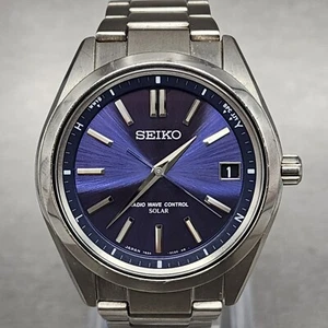 Seiko Brightz Watch Men 39mm Blue Dial Titanium Atomic Solar Date SAGZ081 Runs - Picture 1 of 11