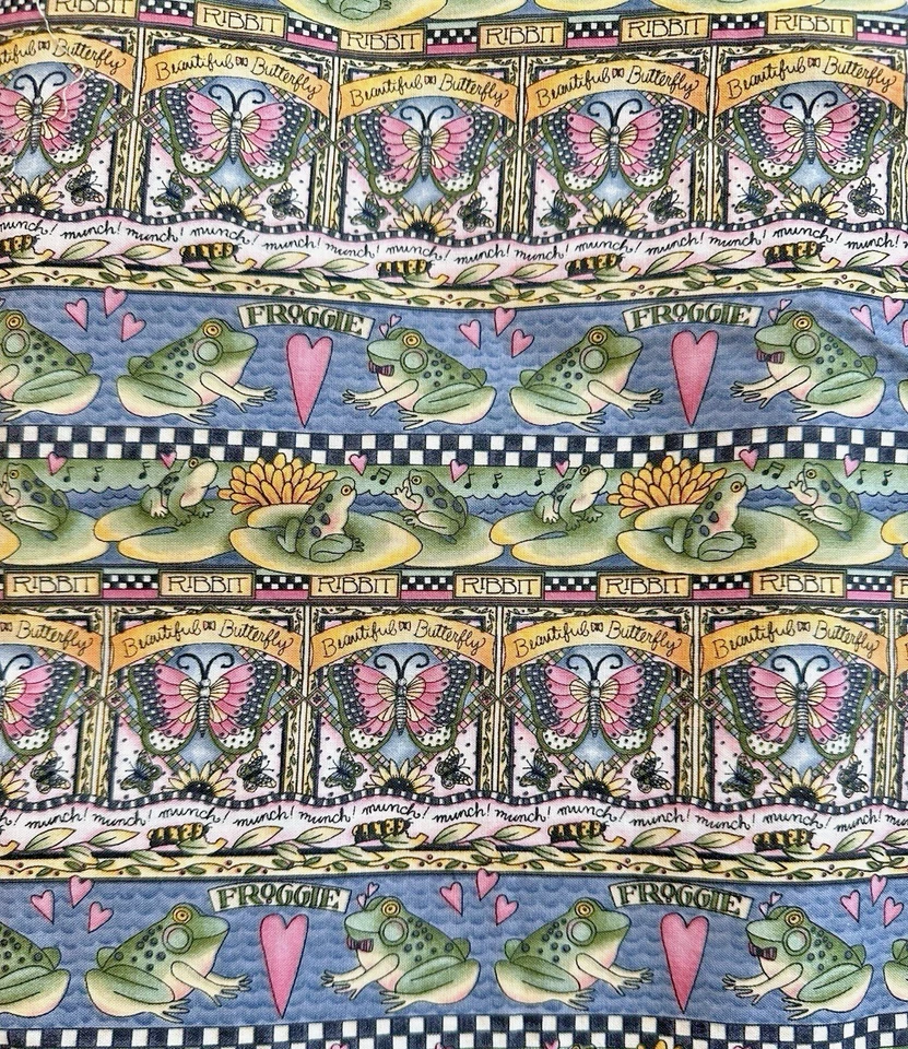 Debbie Mumm Ranas Borde Rayas Tela Mariposas Corazones Rosa Algodón Años 90 3 Yardas Foto 1 de 4