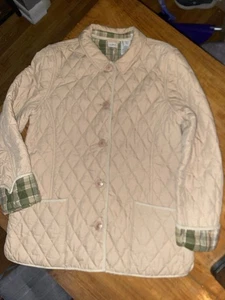 LL Bean Women's Jacket L Beige Quilted Button Up Riding Barn Coat Cottagecre - Picture 1 of 10