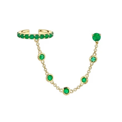 Emerald Bezel Stud & Cuff Chain Earring 14k Yellow Gold Party Wear Jewelry Gifts - Image 1 of 4