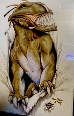 DARK ONE  GREG WILLIAMS ORIGINAL COLORED PEN DRAWING DINOSAUR D1  - Image 1 of 4