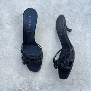 Prada | Reflecting Black Crochet Circle Detail Strappy Kitten Heel Mules (38) - Picture 1 of 10