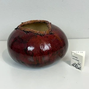 VTG Handmade Artisan Silk Dyed Gourd Bowl Pine Needle Trim 8” - Picture 1 of 10