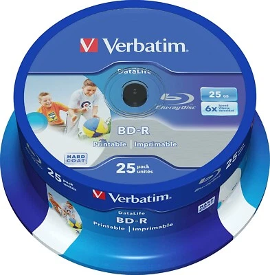25 Verbatim Blu-Ray Blank Discs 6x Speed 25GB Capacity - Printable