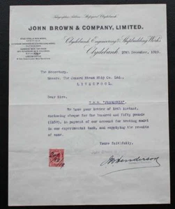 CUNARD LINE RMS FRANCONIA JOHN BROWN RECIBO ORIGINAL CONSTRUCTORES 20 DIC 1919 - Imagen 1 de 7