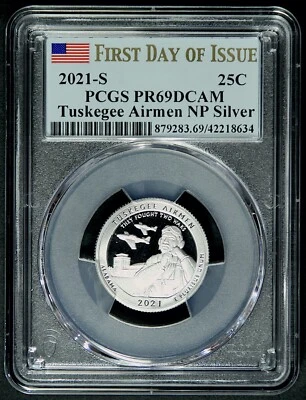  2021 S 25C TUSKEGEE AIRMAN NP PR69 DCAM PCGS PRIMEIRO DIA De Conjunto Prata - Imagem 1 de 2