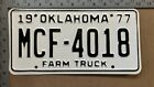 1977 Oklahoma farm truck license plate MCF 4018 YOM DMV McCurtain LOVELY 13679