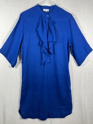 ESCADA 100% Linen Ruffle Dress Size 36 / Small Royal Blue Designer NO BELT Shift - Image 1 of 4