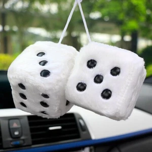 Car Pendant White Hanging Fuzzy Plush Dice Pair Rear View Mirror Decor Ornaments - Picture 1 of 8