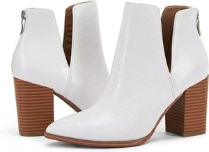 Women's Ankle Boots Slip on Cutout Pointed Toe Fall Winter Chunky Stacked Mid He - Picture 1 of 4