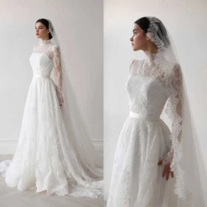 High Neck Applique Wedding Lace Dresses Ruffles A Line Long Sleeves Sweep Train - Picture 1 of 17