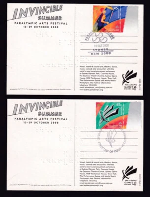 Para Olympics 2000 SYDNEY Invincible Summer Arts x2 postcards +cancels+braille - Image 1 of 2
